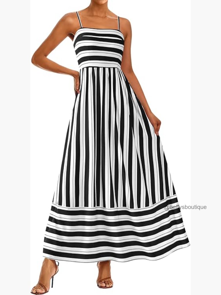 Spaghetti Strap Maxi Dress Boho Floral Striped Smocked Back Viscose
